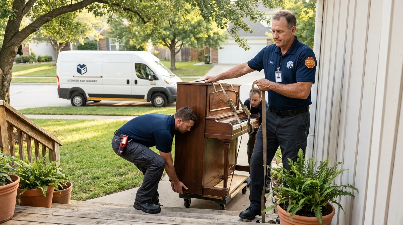 Licensed piano movers securing grand piano in Mead, WA