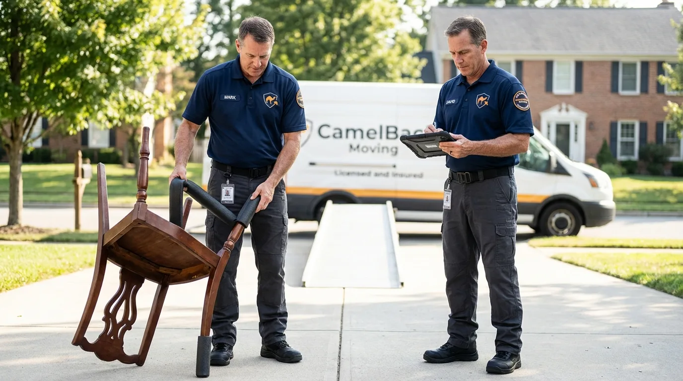 Movers inspecting furniture for damage prevention before loading in Mead, WA