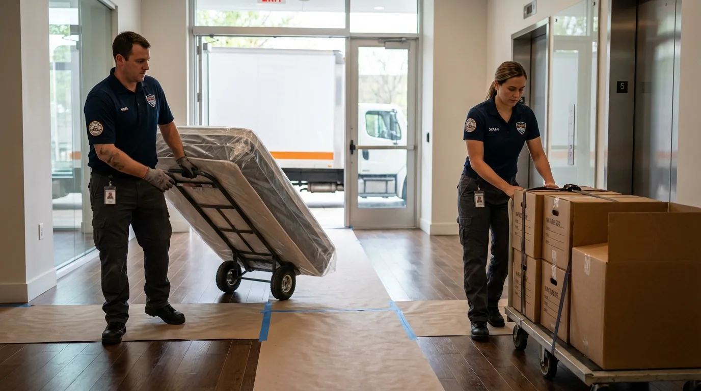 Professional apartment movers loading elevator in Mead, WA